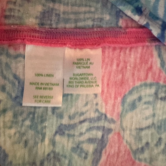 Lilly Pulitzer Mikela Pink Pout Barefoot Princess Blue Shells 100%Linen Shirt XS - Picture 12 of 15